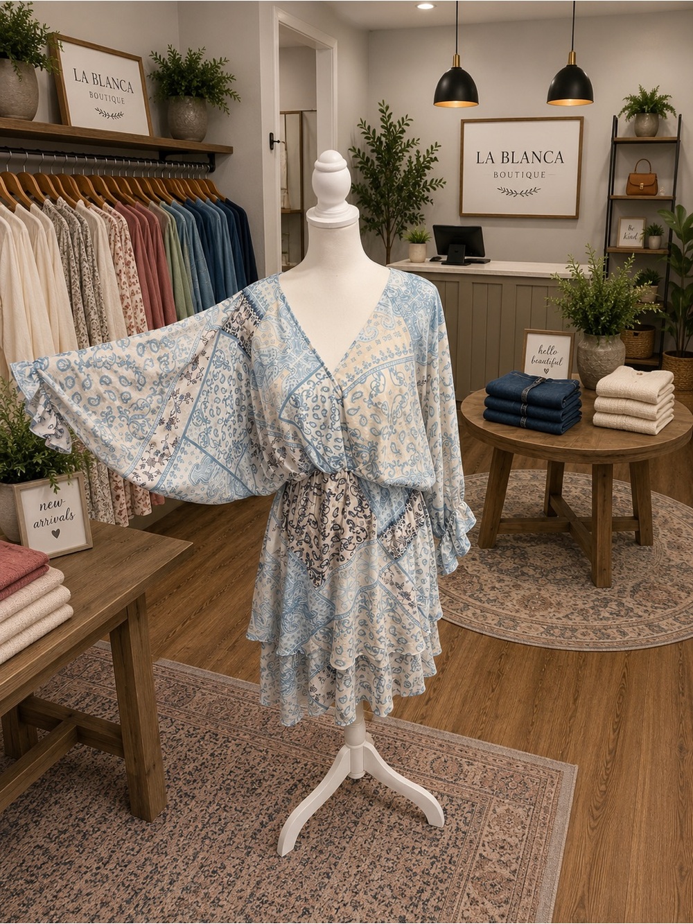 White Birch Blue Paisley Tiered Dress XL Boho Balloon Sleeve NWOT